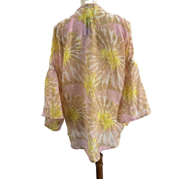 Steve Madden Kimono Pink Yellow Tie Dye Crochet Trim Bell Sleeve One Size New - Picture 3 of 5